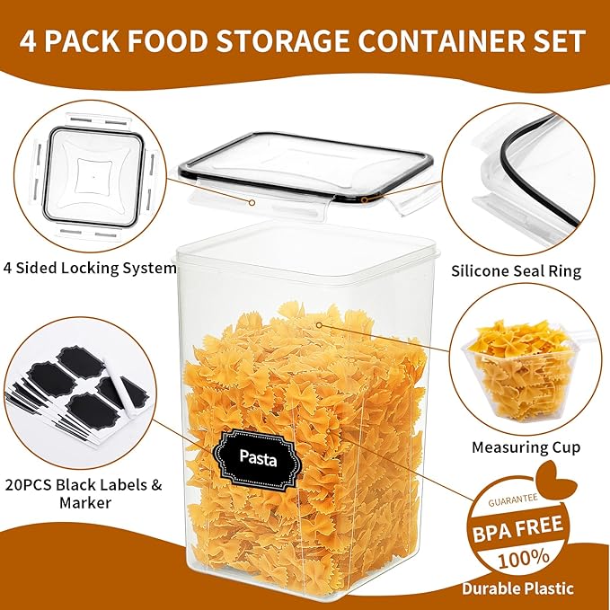 4 Pack Extra Large Airtight Food Storage Containers with Lids (6.5L / 220 oz), BPA Free Plastic Kitchen and Pantry Organization Contianers for Cereal Flour and Sugar Storage, Labels & Marker-NeatNest