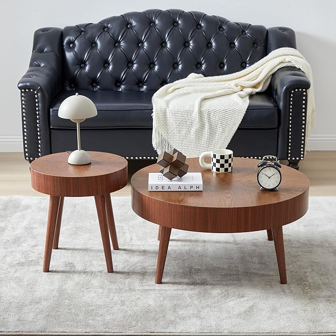 Farmhouse Round Coffee Table Set of 2, Rustic Sofa Side End Tables w/Wood Finish, Nesting End Table Set for Living Room, Bedroom (Walnut)