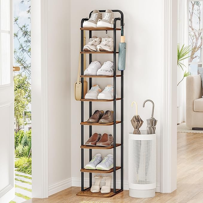 8 Tiers Vertical Shoe Rack, Narrow Shoe Tower, Tall Shoes Shelf with 2 Hooks, Adjustable Shelves, Corner Shoes Shelves for Small Spaces, Entryway, Living Room, Rustic Brown SR04301B-NeatNest