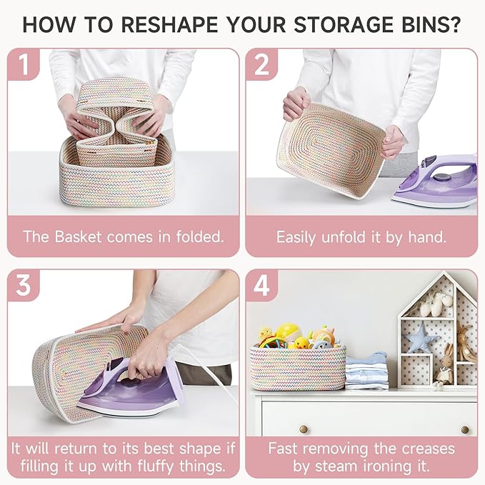 3-Pcs Shelf Baskets for Organizing, Closet Organizer Bins, Small Woven Baskets, Rope Toy Basket, Storage Basket for Shelves, Cube Decorative Box, 11.5×7.5×4.7”, Rainbow-NeatNest