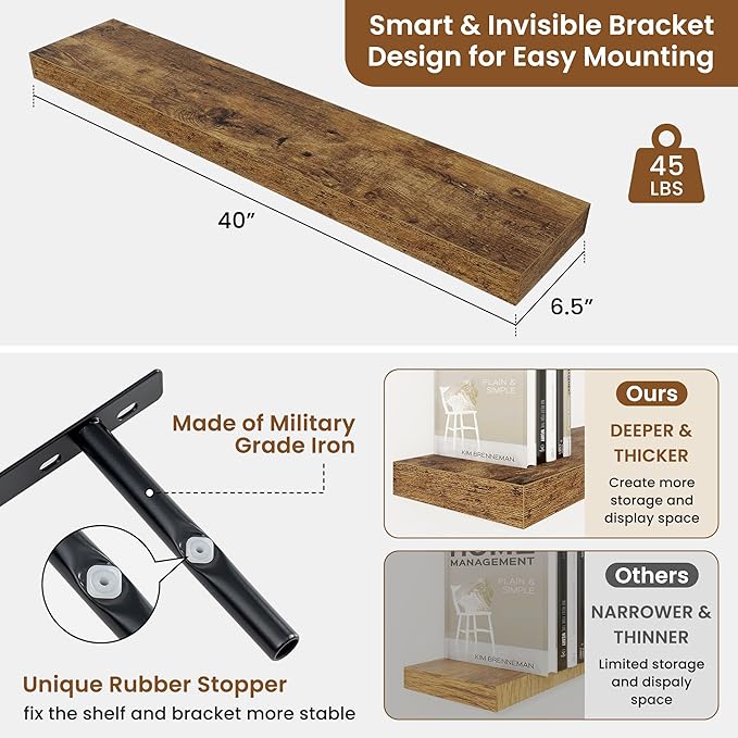 fuqing Floating Shelves for Wall, Bathroom Shelf Wall Mounted for Storage, Shelves with Invisible Bracket for Bedroom, Kitchen, Living Room, Farmhouse Small Book Shelf, 40 Inch Set of 2, Rustic Brown-NeatNest