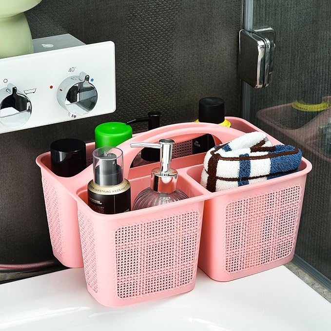 Plastic Pink Shower Caddy Basket, Divided Cleaning Portable Shower Basket with Handle Compartments Storage Organizer for Bathroom, College, Kitchen, Dorm Room Essentials