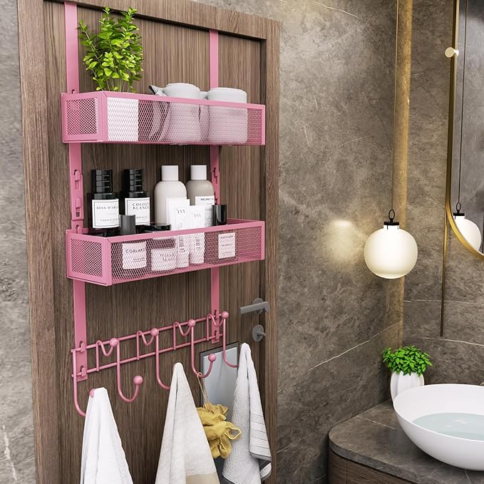 Consumest Over The Door Hooks Organizer - Extra Long Door Hanger with 9 Coat Hooks & 2 Mesh Basket, Back Storage Organizer Hanging Towels for Bathroom, Bedroom - Pink (for 1.76 in Doors)