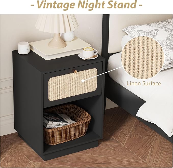 16" Wooden Night Stand with Drawer Linen Decor and Open Shelf, Modern Black Side Table, Small Bedside Table with Storage, Farmhouse Nightstand End Table for Bedroom Home Office, Living Room (Black)