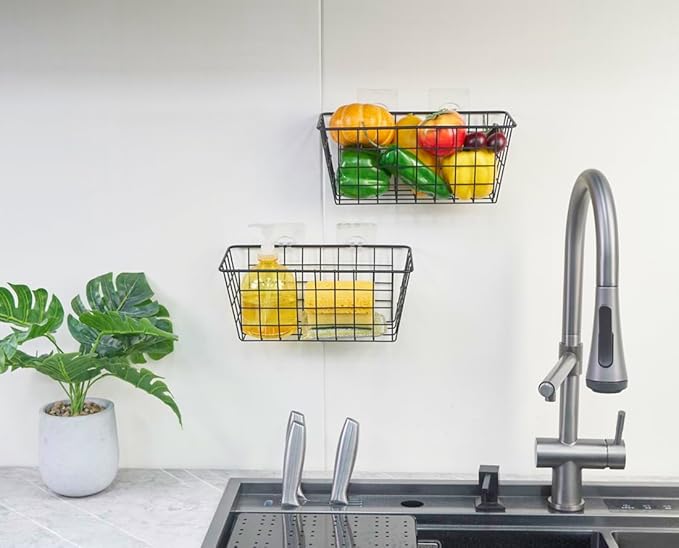 4 Pack Hanging Sorage Basket, Bathroom Basket, Household Goods, with Traceless Tape, no Drilling, for Cabinet Storage, Kitchen, Bathroom, Storage Room,Black