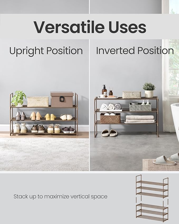 SONGMICS Shoe Rack, 3-Tier Shoe Organizer, Metal Storage Shelf, Upright or Upside Down, for 16-20 Pairs, Stackable, for Entryway, 11.8 x 36.2 x 21.7 Inches, Walnut Brown ULSA303K01-NeatNest