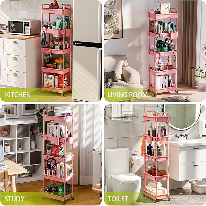 5 Tier Rolling Cart Organizer,Bathroom Cart Organizers with Wheels Laundry Room Organization Mobile Shelving Unit Utility Cart Storage Shelves Multi-Functional for Office, Home(Pink)-NeatNest