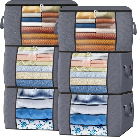 Fab totes 90L Clothes Storage, Foldable Thick Fabric Blanket Storage Bags, Containers for Organizing Bedroom, Closet, Clothing, Comforter, Organization with Handle (6 Pack,Grey)-NeatNest