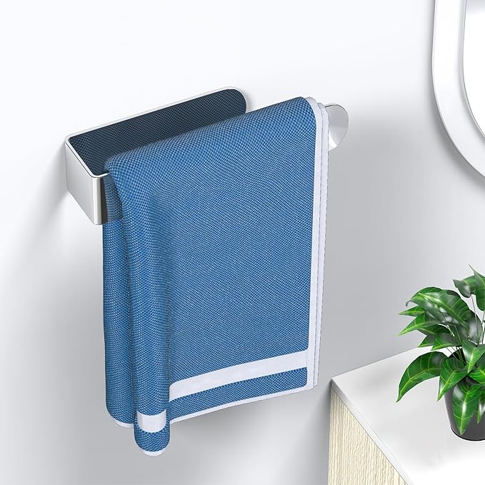 HUFEEOH Adhesive Hand Towel Holder, Kitchen Towel Rack Towel Bars Wall Mounted, Stainless Steel Bath Towel Holder for Bathroom Hotel Kitchen (8 inch, Polished Silver)