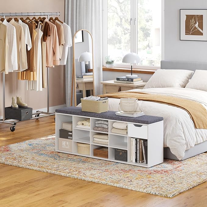 DINZI LVJ Shoe Bench, Entryway Storage Bench with Drawer and 14 Cubbies, Long Cubby Shoe Rack with Adjustable Shelves, Organizer for Living Room, Bedroom, Mudroom, Garage, White-NeatNest