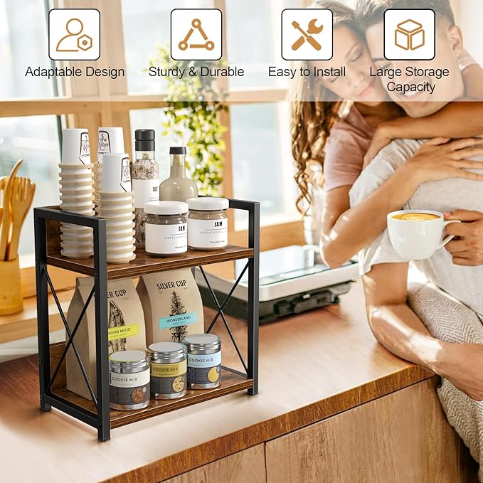 Giikin Kitchen Countertop Organizer, 2 Tier Spice Rack Organizer for Pantry, Kitchen Counter Shelf Wood Coffee Station Organizer (Brown, M)-NeatNest