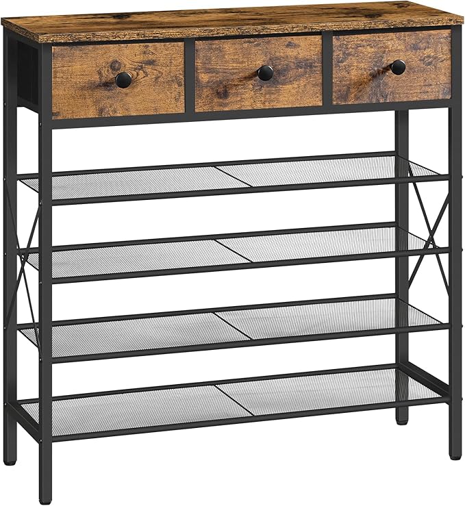 5-Tier Shoe Rack with 3 Drawers, Metal Shoe Organizer for 20 Pairs with Storage Shelves and Wooden Top, for Entryway, Hallway, Foyer, Closet, Rustic Brown and Black SS35BR-NeatNest