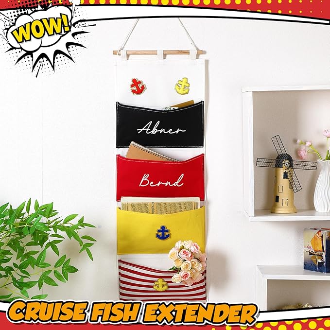 Fish Extender Cruise Gift Hanging Organizer with 4 Pockets and 4 Iron on Anchor Patches Cabin Door Hanger Storage Bag 2025 FE for Exchange Gifts and Pixie Dusting (Red,Blue,Black,Yellow)-NeatNest
