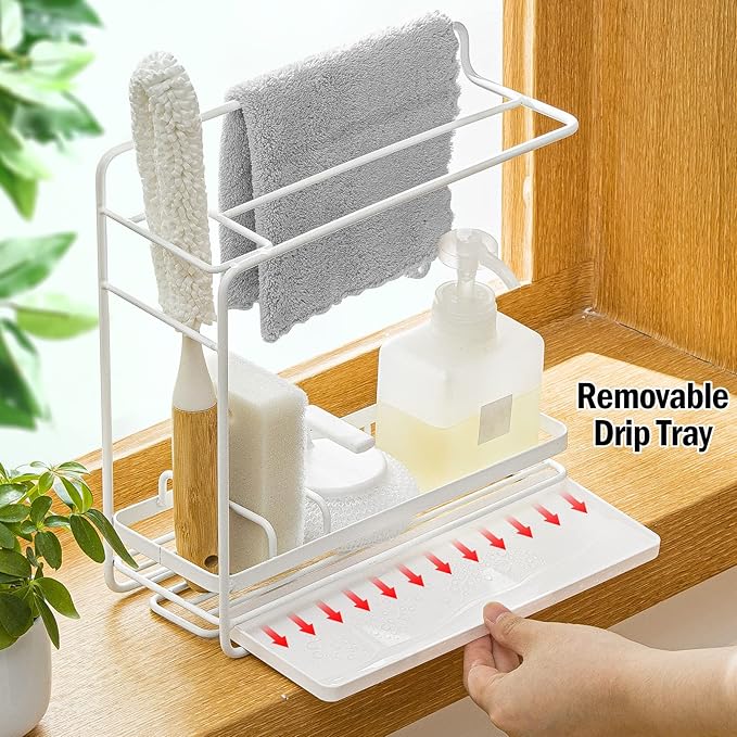 Poeland Sponge Holder with Drain Pan, Kitchen Sink Caddy Organizer for Sponge Brush Soap Dish Dishcloth Rack (Large Size)
