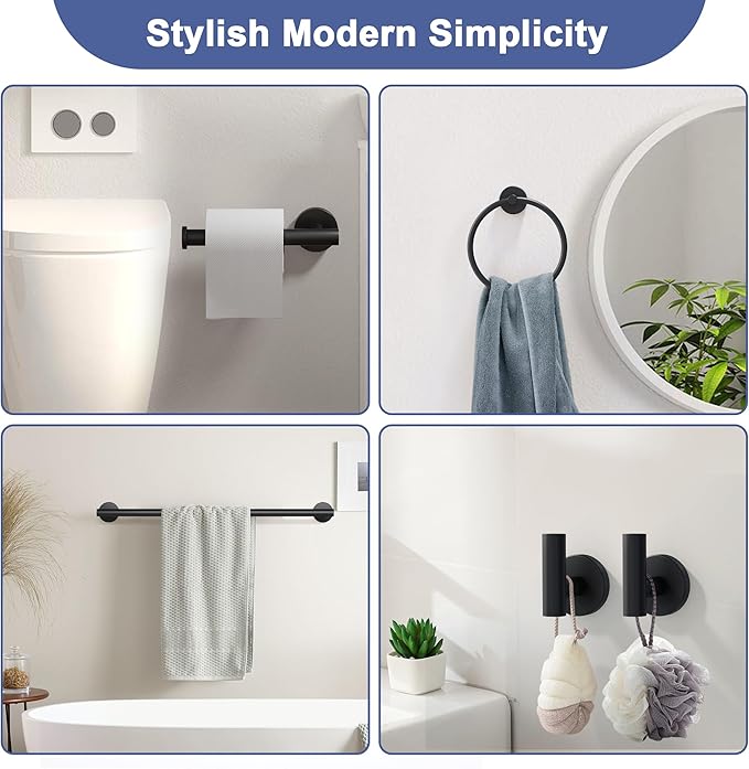 Matte Black Bathroom Hardware Set, 18 Inch SUS304 Stainless Steel Bath Towel Bar Set, Bathroom Accessories Set, Towel Rack, Towel Ring, Toilet Paper Holder, Robe Towel Hooks, 5-Pieces