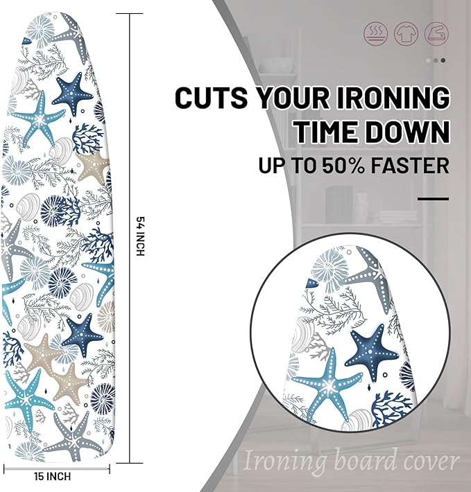 Extra Thick Ironing Board Cover and Pad, Coral Starfish Coastal 15x54 Ironing Board Cover, Resist Scorching and Staining,Elastic Edges,Nautical Blue Conch Ocean Theme