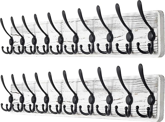 Dseap Coat Rack Wall Mounted - 10 Tri Hooks, 38-1/4" Long, Heavy Duty Wooden Wall Coat Hanger Coat Hook for Clothes Hat Jacket Clothing, White & Black, Pack of 2