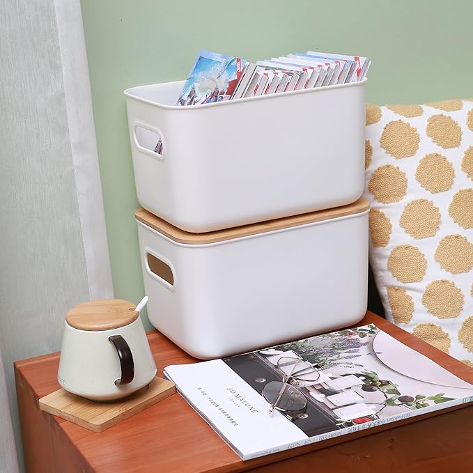 Citylife 2 Packs Plastic Storage Bins with Bamboo lids Stackable Storage Containers for Organizing, Bundled with Labels and Marker 10.24 x 7.01 x 6.1 inch-NeatNest