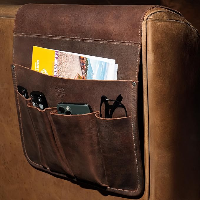 Hide & Drink, Remote Control and Magazine Holder, Sofa Armrest Organizer Pouch, Couch Potato Essentials, Armchair Caddy, Full Grain Leather, Handmade, Bourbon Brown-NeatNest