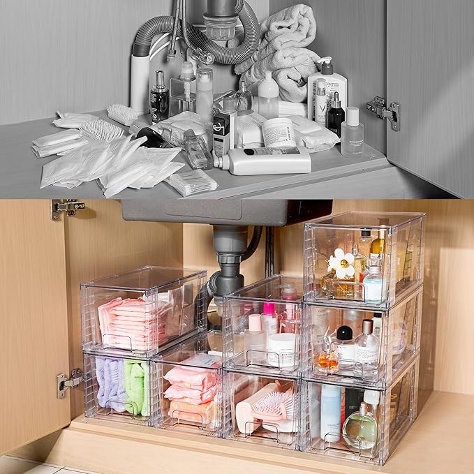 Vtopmart 4Pack Large Stackable Kitchen Pantry Storage Drawers, Clear Organizer Bins with Handles, Acrylic Drawer Organizers for Kitchen Pantry, Bathroom Undersink, Cabinet Organization and Storage-NeatNest