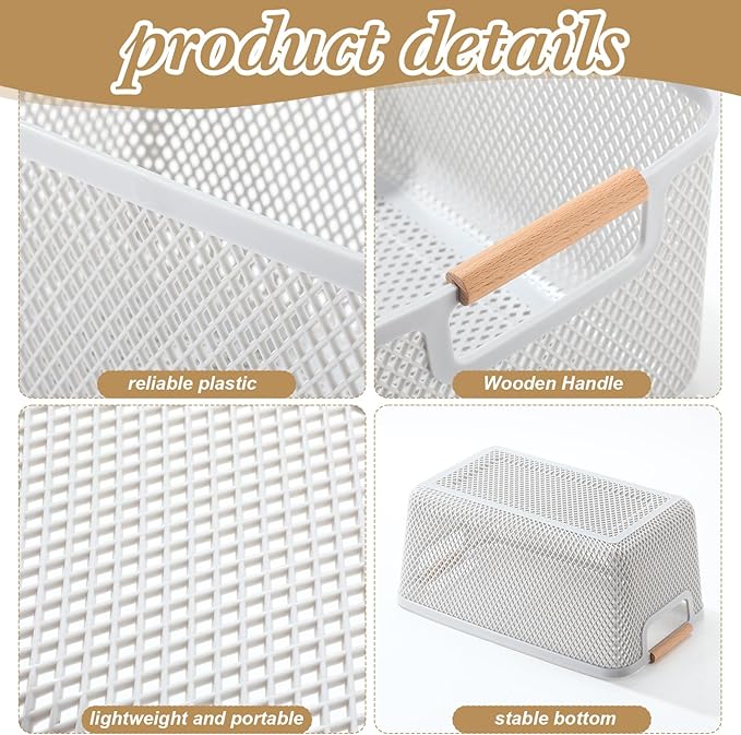 4 Pcs Plastic Mesh Baskets with Handles - Mesh Storage Organizer Bin Container Baskets for Home Organizing Pantry Closet Cabinet Kitchen Fridge Fruit Snacks Gifts, Grey (Large)