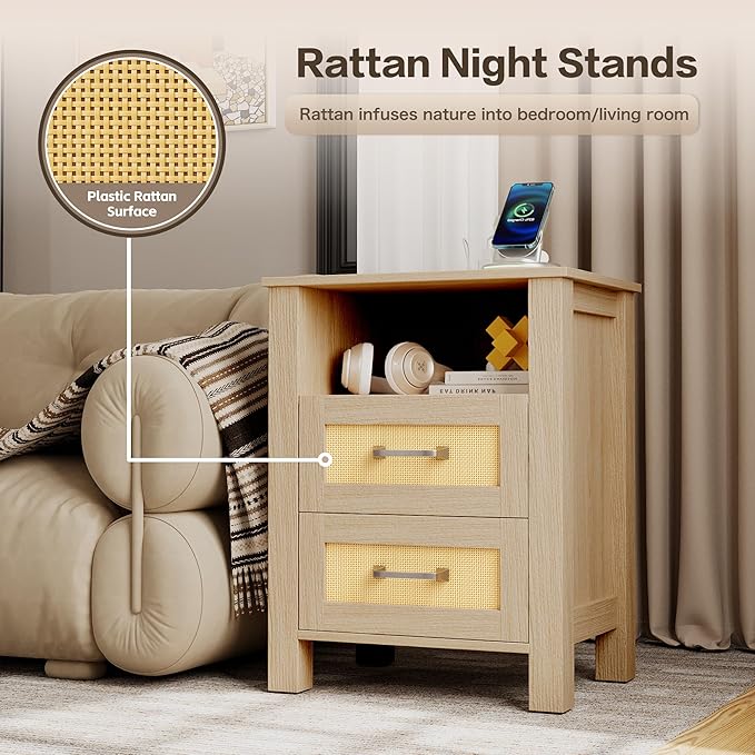 JUMMICO 26.18" End Table with Charging Station and Rattan Drawers, Farmhouse Nighstand, Wooden Storage Bedside Table, Living Room, Bedroom(1, Light Oak)