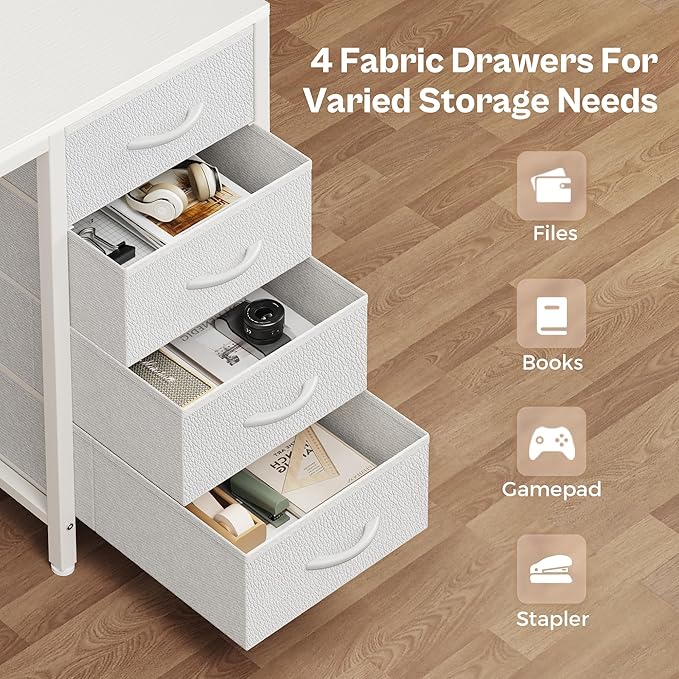 Huuger 55 inch Computer Desk with 4 Drawers, Gaming Desk with LED Lights & Power Outlets, Home Office Desk with Large Storage Space for Bedroom, Work from Home, White-NeatNest