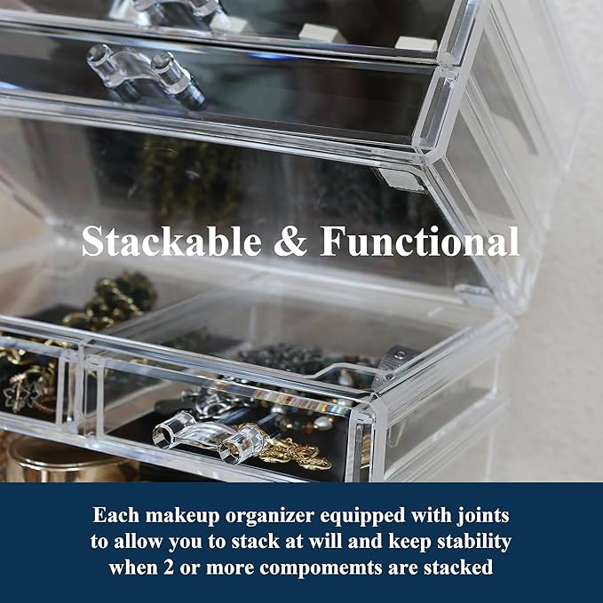 Sea Team Clear Makeup Organizer with Drawers, Acrylic Plastic Cosmetic Display Case, Jewelry Storage Box, Holder for Dresser, Bathroom, Vanity, Countertop (1 Large, 2 Small Drawers)-NeatNest