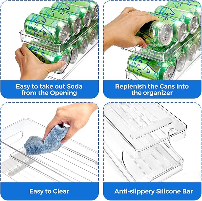 2 Pack Rolling Soda Can Organizer for Refrigerator Can Dispenser for Beer Soda Seltzer Pop Can Soda Organizer for Fridge 10 Standard Size 11.15oz, 12oz, 330ML, 355ML Cans Holder Storage