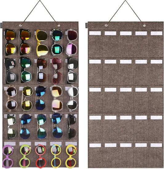 AROUY Sunglasses Organizer - Hanging Wall Pocket with 25 Felt Slots - Sunglass & Eyeglass Display with Sturdy Rope (Dark Gray, Large)-NeatNest