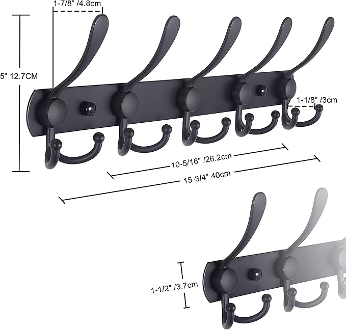 Dseap Coat Rack Wall Mounted - 5 Tri Hooks, Heavy Duty, Stainless Steel, Metal Coat Hook Rail for Coat Hat Towel Purse Robes Mudroom Bathroom Entryway (Silver, Pack of 2)-NeatNest