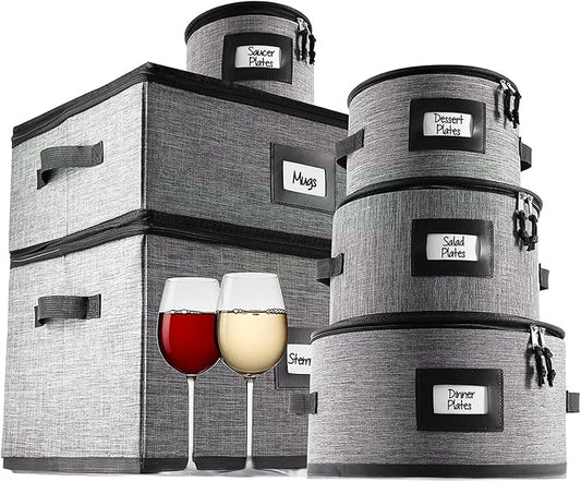 Hearth & Harbor Fine China Storage Containers, 6 Piece Dish Storage Containers, Stackable Plate Storage, Coffee Mug Storage and Wine Glass Storage Box with Dividers, Quilted Dish Organizers, Grey-NeatNest