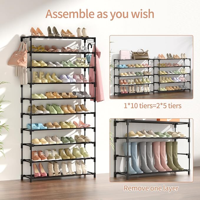 10 Tiers Shoe Rack 50 Pairs Large Capacity Tall Shoe Organizer Sturdy Shoe Storage with Two Hooks Space Saving Metal Wide Shoe Rack for Closet, Entryway, Bedroom, Black-NeatNest