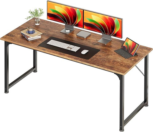 Huuger Computer Desk, 55 Inch Home Office Desk, Gaming Writing Work from Home Study Desk, Large Legroom, Sturdy Metal Frame, Modern Simple, Rustic Brown-NeatNest