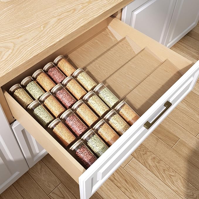 Drawer Organizer Set,4 Tier- 8 Pack Acrylic Seasoning Organizer, Spice rack Organizer for Cabinet , Makeup Organizer,Expandable From 13'' to 26'' Trays with Angled Dividers for Vanity Drawer,Bathroom