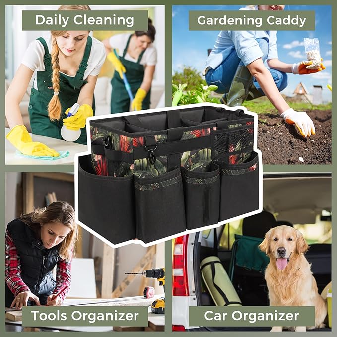 Wearable Cleaning Caddy, Cleaning Caddy Supplies Organizer with Handle & Shoulder Straps for Housekeepers, Under Sink & Car Cleaning Tool Organizers Bag with 4 Foldable Divider (GreenBush)