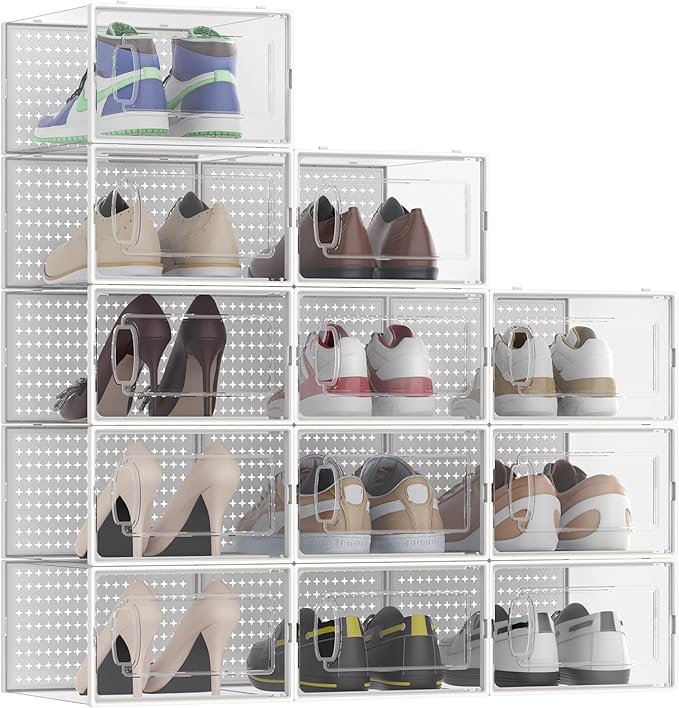 12 Pack XX-Large Modular Clear Plastic Stackable Shoe Storage Organizer for Closet, Space Saving Versatile Sneaker Shoe Rack Containers Bins Holders, Portable Closet Organizers and Storage, White-NeatNest
