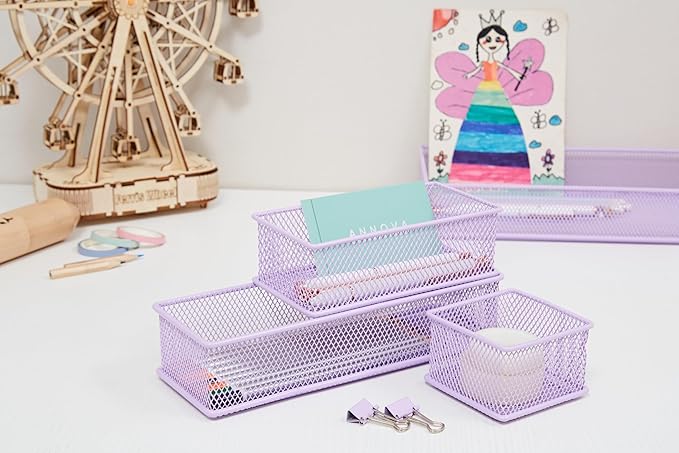 Annova Mesh Stackable Drawer Cabinet and Shelf Organizer Bins Storage Basket School Office Supply Holder Tray- Set of 2 (Light Purple, 3x12x2 Inch)-NeatNest