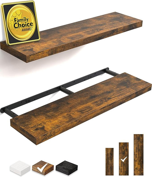BAYKA Floating Shelves, 36" Wall Mounted Rustic Wood Shelves for Bathroom, Bedroom, Living Room, Kitchen, Office, Hanging Shelf for Books/Storage/Decor(Rustic Brown,Set of 2)-NeatNest