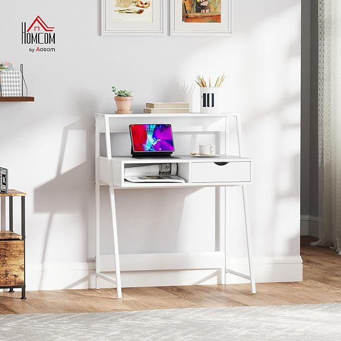 HOMCOM Home Office Desk, Computer Desk with A Frame for Small Spaces, Writing Table with Drawer and Storage Shelves, White-NeatNest