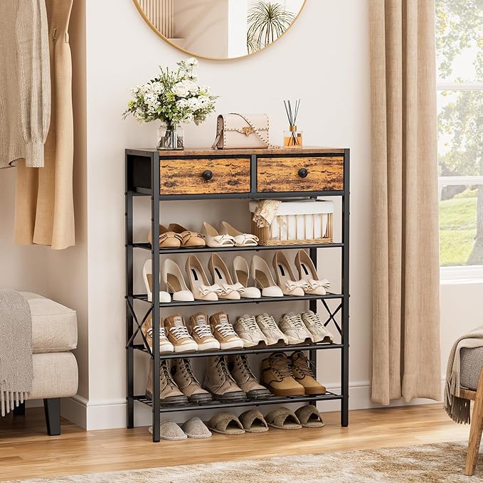Shoe Rack for Entryway, 5 Tier Shoe Organizer with 2 Non-woven Drawers, Metal Storage Shoe Shelf for 16-20 Pairs of Shoes, with Wooden Top and Steel Frame, Shoe Stand for Closet Rustic Brown-NeatNest