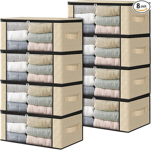 HomeHacks Storage 8-Pack Clothes Organizer Storage Bags Foldable Storage Box with Large Clear Window Sturdy Handles for Closet, Dorm, Pillows, Bedding, Clothes, Blankets, 35L, Beige-NeatNest
