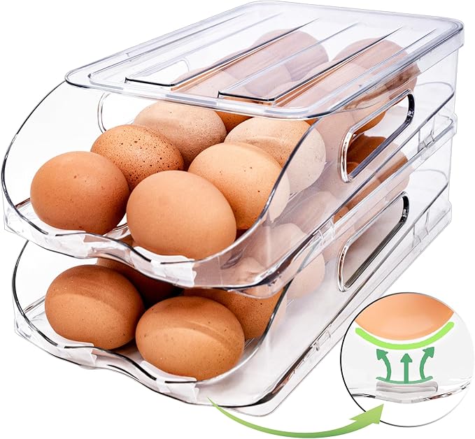 Egg Holder for Fridge, Automatic Steady Rolling Egg Container with Soft Bumpers & Handle for Refrigerator, Stackable Fridge Organizers and Storage with Lid
