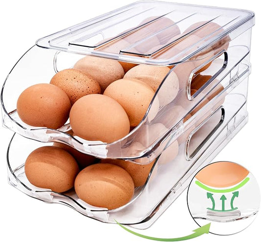 Egg Holder for Fridge, Automatic Steady Rolling Egg Container with Soft Bumpers & Handle for Refrigerator, Stackable Fridge Organizers and Storage with Lid