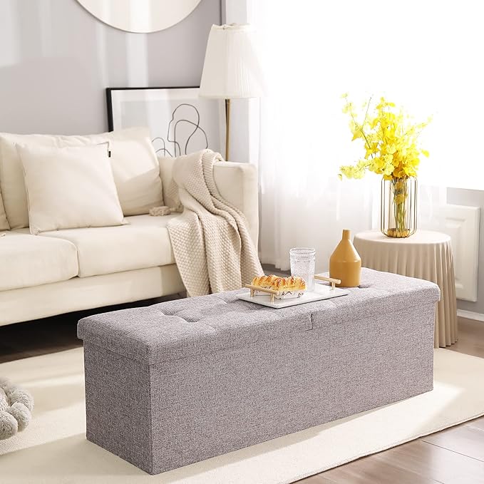 Cuyoca 45.3 Inches Foldable Seat Footrest Shoe Bench End of Bed Storage with Flipping Lid, 166L Upholstered Tufted Bench, Linen Fabric Grey-NeatNest