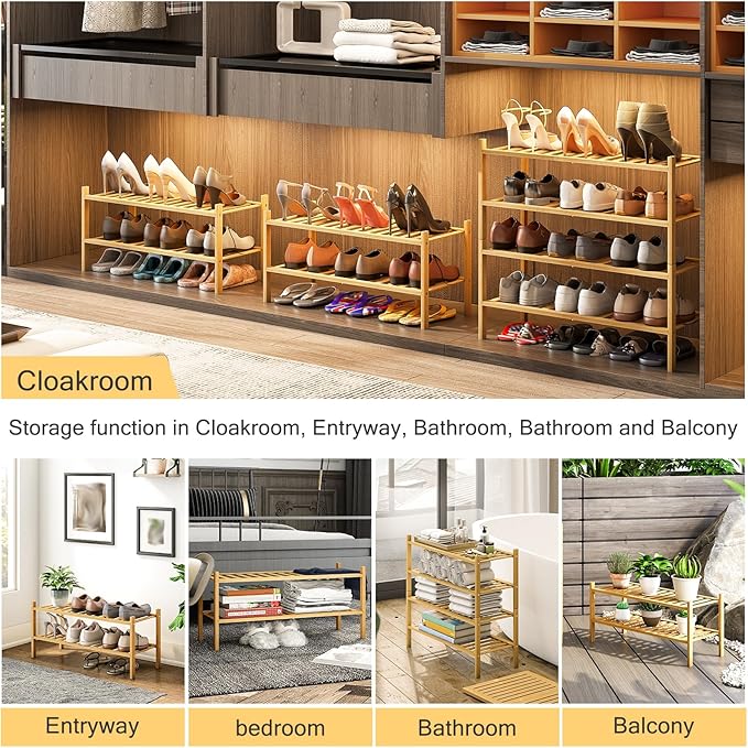 2-Tier Bamboo Shoe Rack for Entryway, Stackable | Heavy Duty | Multi-Function, Free Standing Shoe Racks for Bedroom Hallway Closet-NeatNest