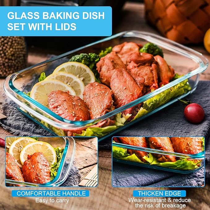 8 Pieces Glass Baking Dish with Lids Rectangular Glass Baking Pan Bakeware Set with Lids, Baking Pans for Lasagna, Leftovers, Cooking, Kitchen, Fridge-to-Oven, Gray