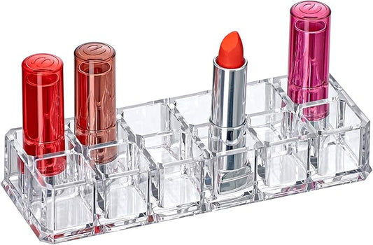 Amazing Abby - Charm - 12-Slot Acrylic Lipstick Organizer, Lipstick Holder, Lip Gloss Holder, Cosmetic Storage Display, Perfect Storage Solution for Drawer and Vanity (Slot Size: 0.9" x 0.9")-NeatNest