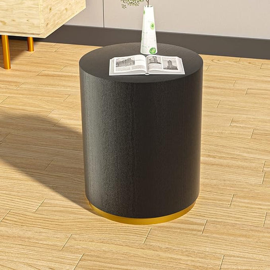 kevinplus Black Side Table End Table for Living Room, Bottom Gold Rim Design, Black & Gold (ø15.6'' x 19.5'')