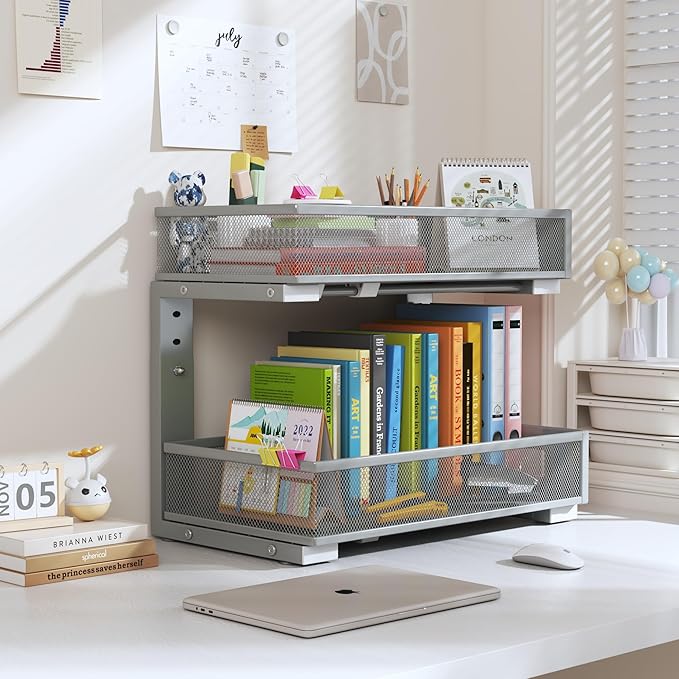 2-Pack Under Sink Organizers And Storage,Large Capacity 2-Tier Pull-Out Cabinet Organizer With Upgraded Tube Rails,Adjustable Height Sliding Drawers,Sturdy Mesh Shelves For Kitchen&Bathroom-Grey-NeatNest